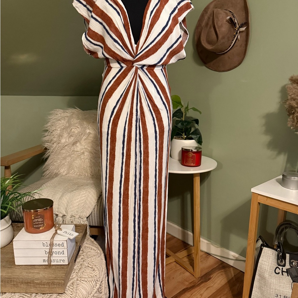 Blue Blush Brown and White Striped Maxi Dress